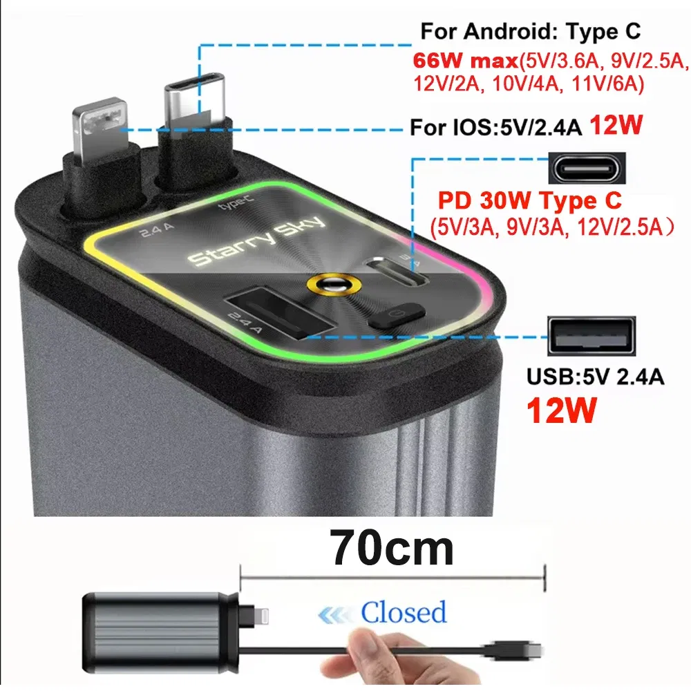 Color Name: WHITE, Ships From: CHINA - 4 in 1 Retractable Car Charger 120W with USB C Lightning Cable Starlight in Auto Roof Fast Charging for IPhone Samsung Phones