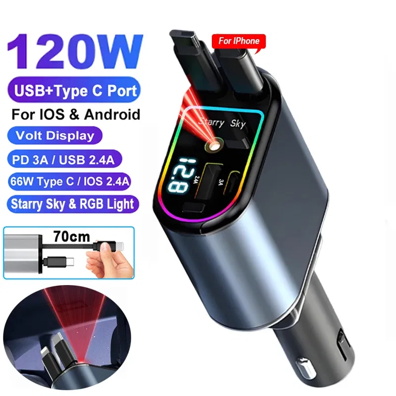 Color Name: WHITE, Ships From: CHINA - 4 in 1 Retractable Car Charger 120W with USB C Lightning Cable Starlight in Auto Roof Fast Charging for IPhone Samsung Phones