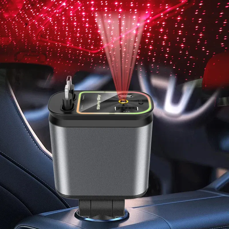 Color Name: WHITE, Ships From: CHINA - 4 in 1 Retractable Car Charger 120W with USB C Lightning Cable Starlight in Auto Roof Fast Charging for IPhone Samsung Phones