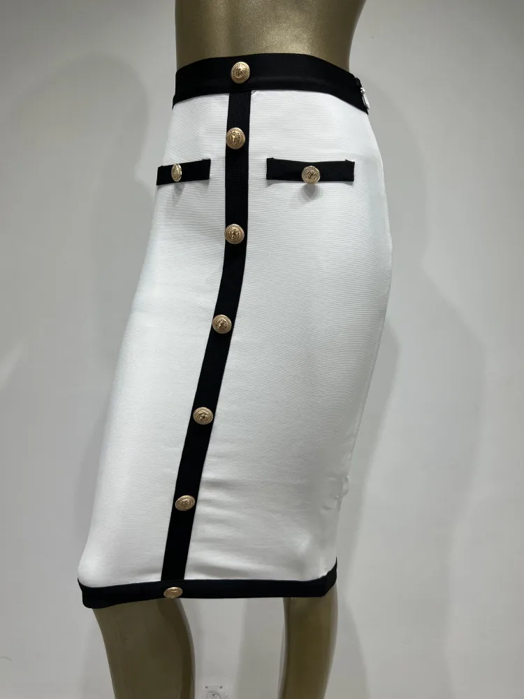 Color: black, Size: XXL - New Arrival Women Button Patchwork White Black Bodycon Bandage Skirt 2024 Designer High Waist Party Club Pencil Skirt 60cm