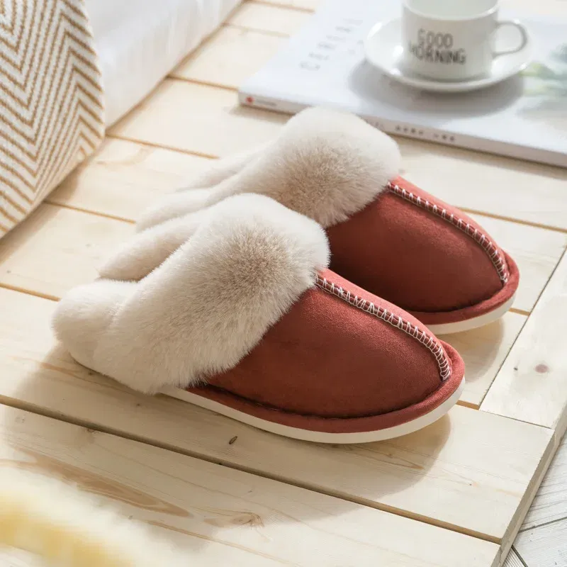 Color: Red, Shoe Size: 40 - Women's Faux Fur Slippers 2024 New Warm Thicked Plush Bedroom Sandals Woman Comfort Soft Sole Home Couple Winter Shoes Slides
