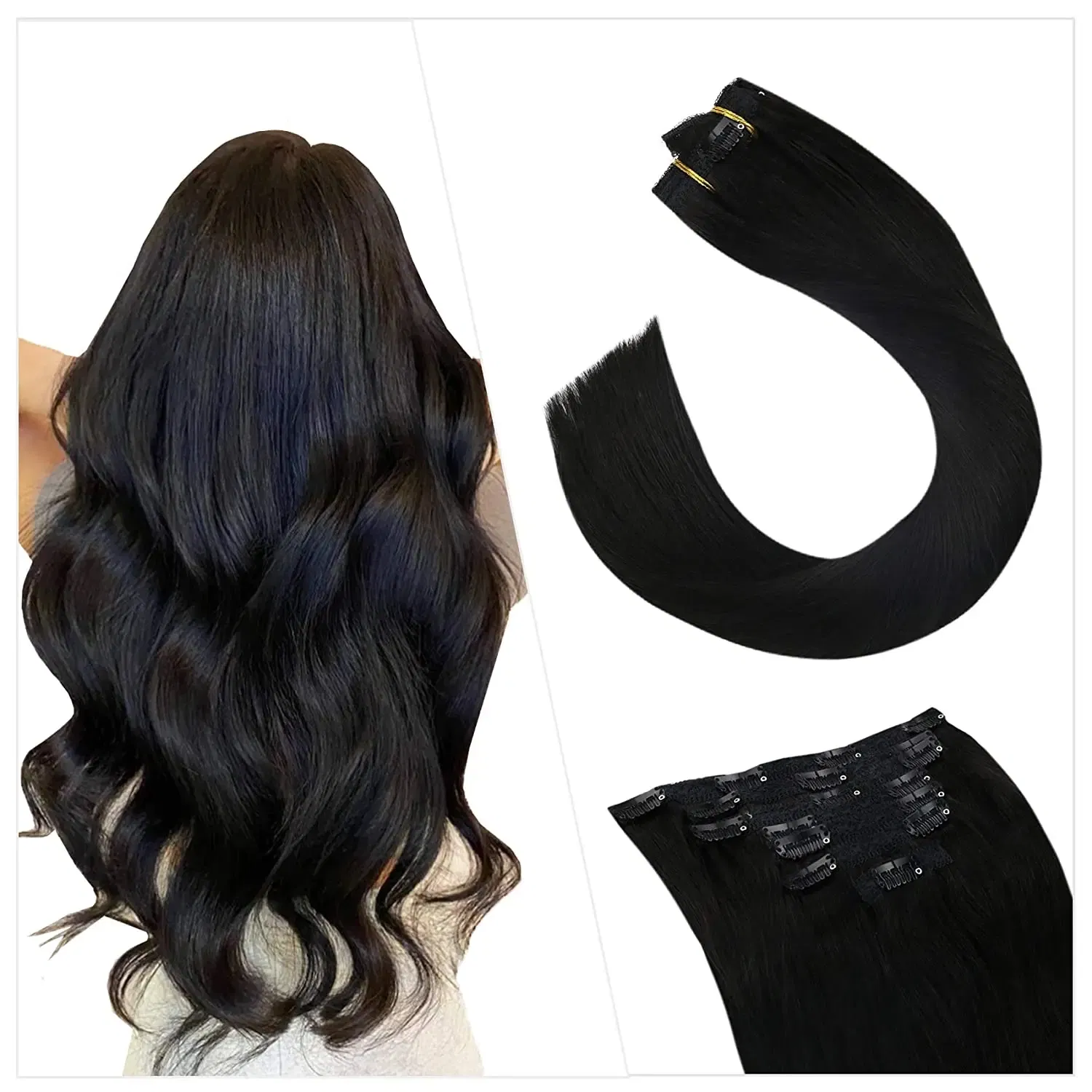 Color: Black Wine, Length: 22 inches, Weight Per Package: 120g/Set - [16 Colors] Ugeat Clip in Hair Extensions Human Hair 14-22" Double Weft Remy Hair Full Head Clip in Extensions for Woman 7Pcs