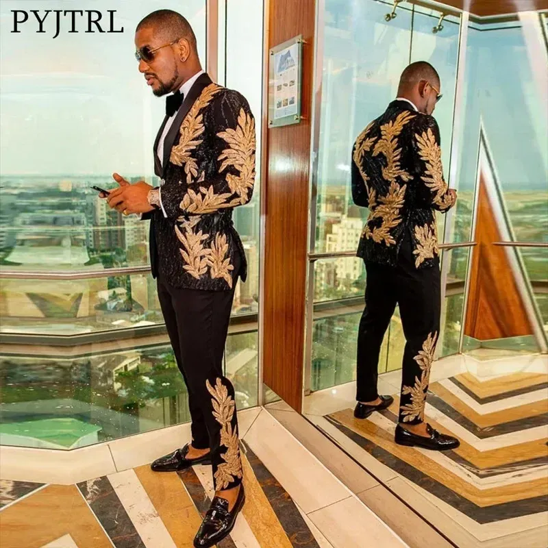 Color: black, Size: XL - Men's Gold Sequin Applique Fashion Trend Suit Set High-Quality Casual Jacket And Western Pants Two-Piece Ensemble