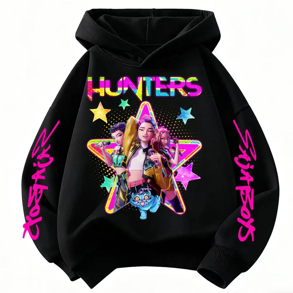 Color: black, Kid Size: 3T - KPop Demon Hunters Huntrix Girls Sweatshirts Spring Fall Boys Children Hoodies Long Sleeves T-shirt Jacket Toddler Kids Clothes