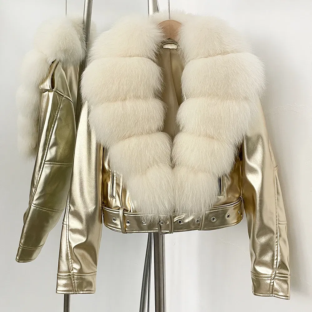 Color: ROYAL BLUE, Size: L - Fake Leather Coat New Natural Fox Fur Autumn Short Faux Leather Jacket Female Spring PU Women Long Sleeve Real Fur Coat Thin