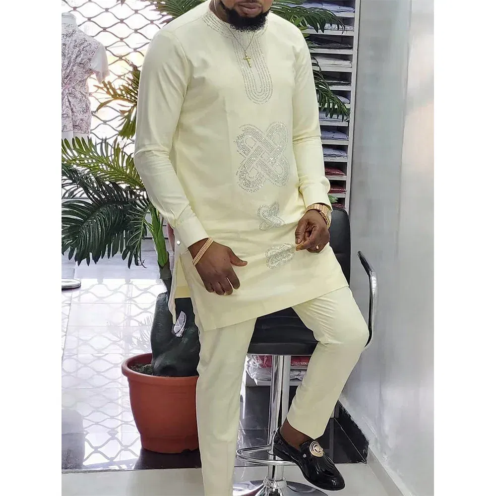 Color: green, Size: XL - 2024 New African Traditional Men's Set Elegant and Fashionable Men's Suit Casual Embroidery Two Piece Set Men's Suit Kaftan