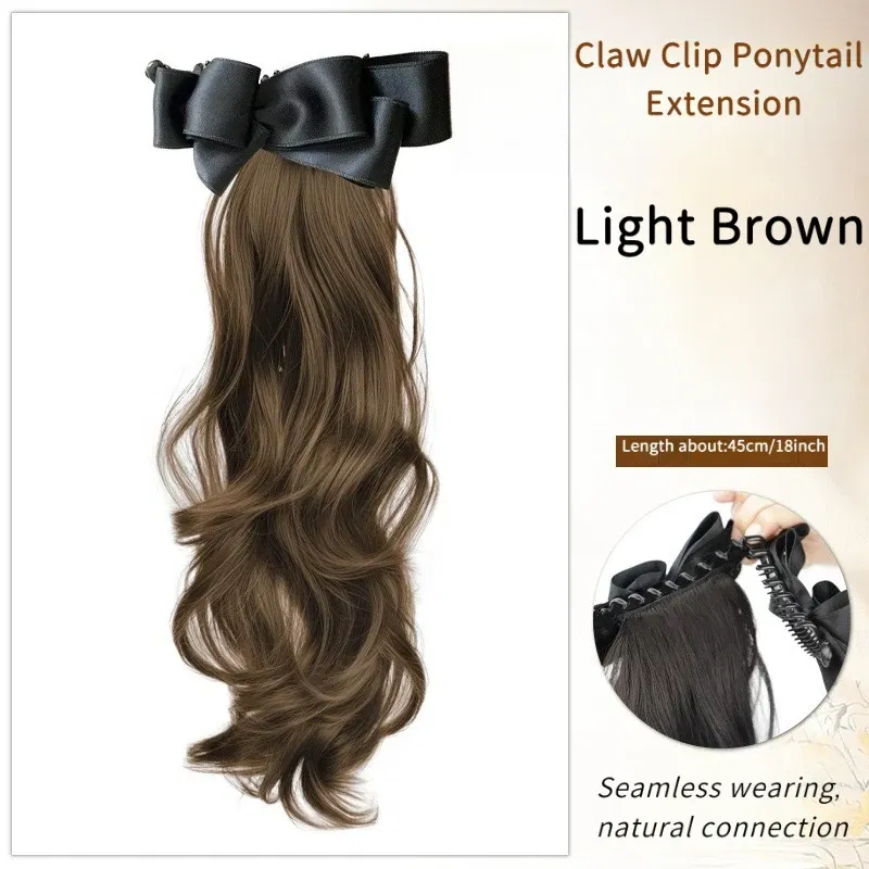 Color: #30, Stretched Length: 18inches - Elegant Synthetic Silk Bowknot Banana Claw Clip Ponytail Wig With Grab Clip Long Wavy Layered Ponytail for Women Daily Use
