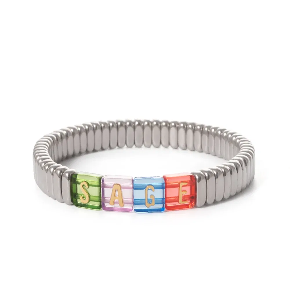 Metal Color: Antique Copper Plated, Ships From: CHINA - Wholesale Gold Silver Color Elastic Bracelets Handmade Letter Charms Bracelets For Women 2X8MM Beads Bracelets Bohemain Jewelry