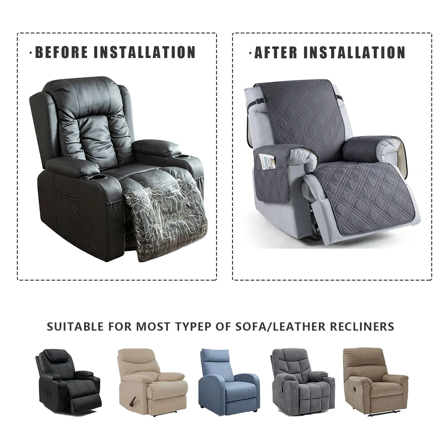 Color: Light Grey - Waterproof Recliner Chair Cover Non Slip Armchair Slipcovers For Recliner Chair With Pocket Washable Reclining Chair Cover