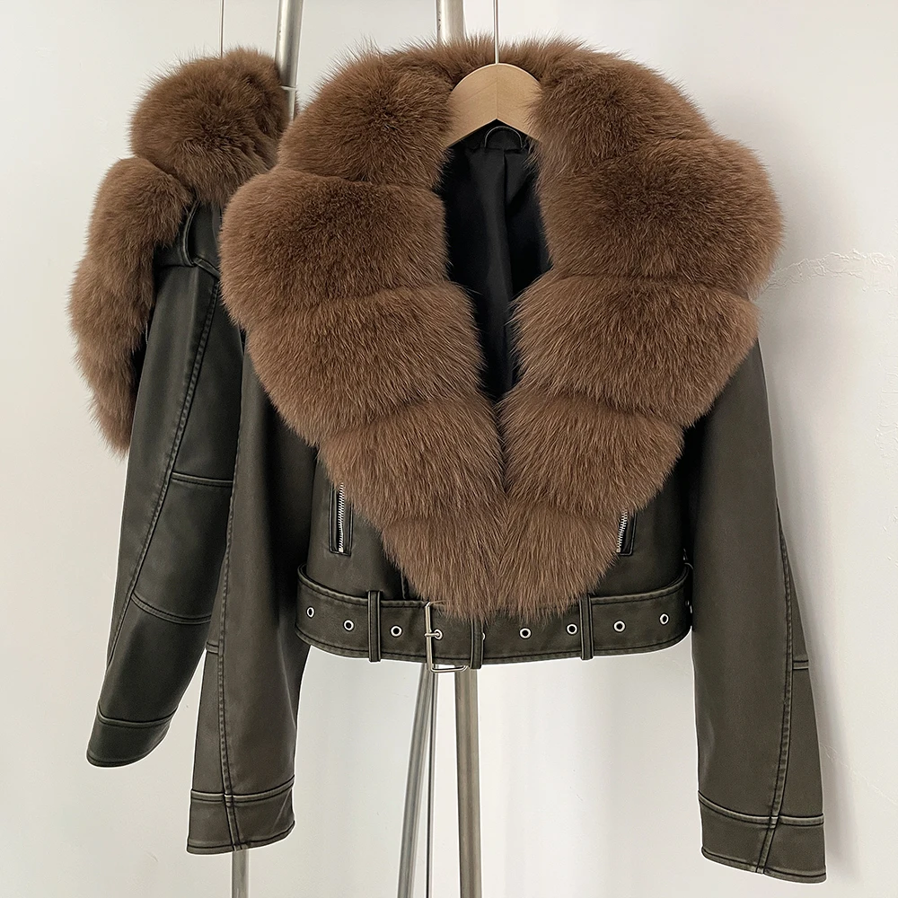 Color: Turquoise, Size: XL - Fake Leather Coat New Natural Fox Fur Autumn Short Faux Leather Jacket Female Spring PU Women Long Sleeve Real Fur Coat Thin