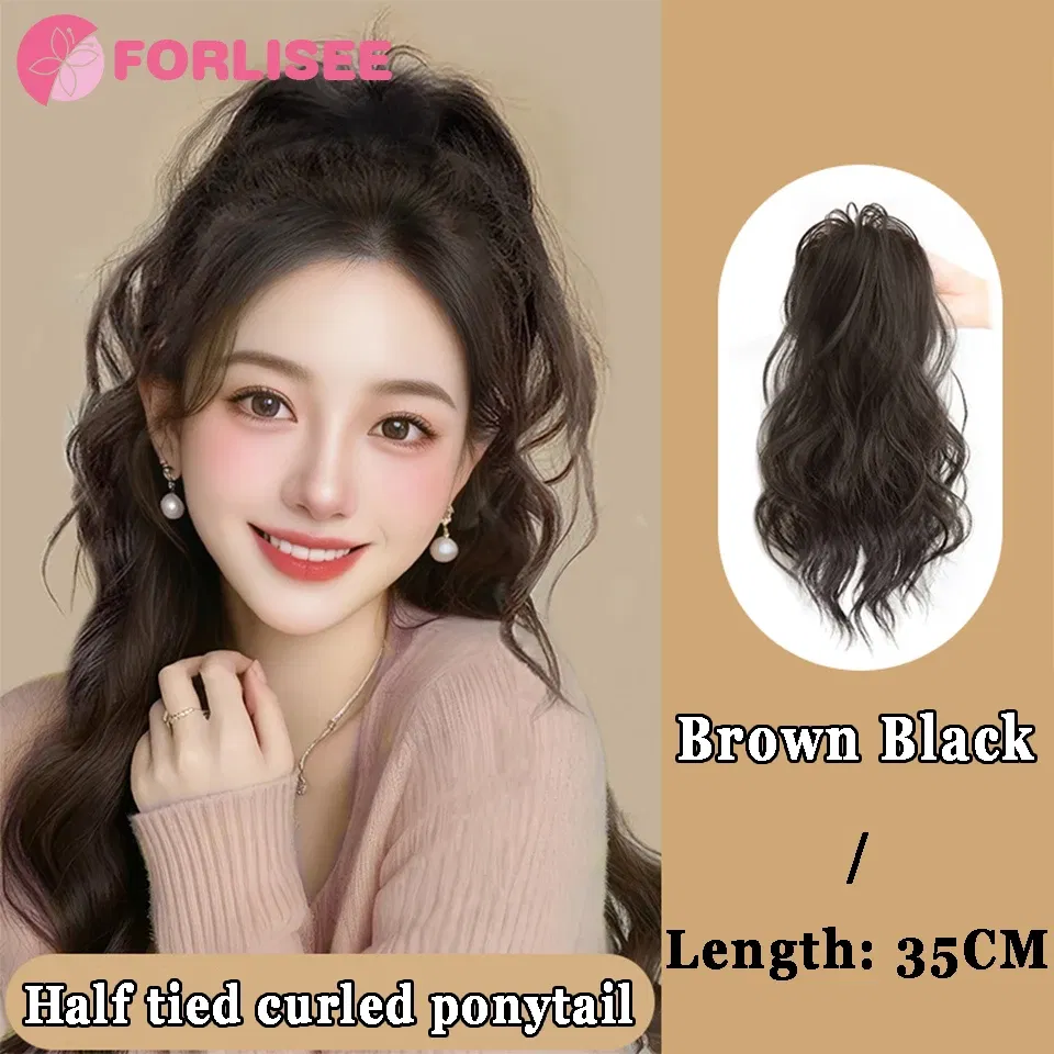 Color: T4/27/30 - Synthetic Tassel Bow Claw Clip Ponytail Temperament Slightly Curly Hair Natural Heat-resistant Chemical Fiber Wig Ponytail
