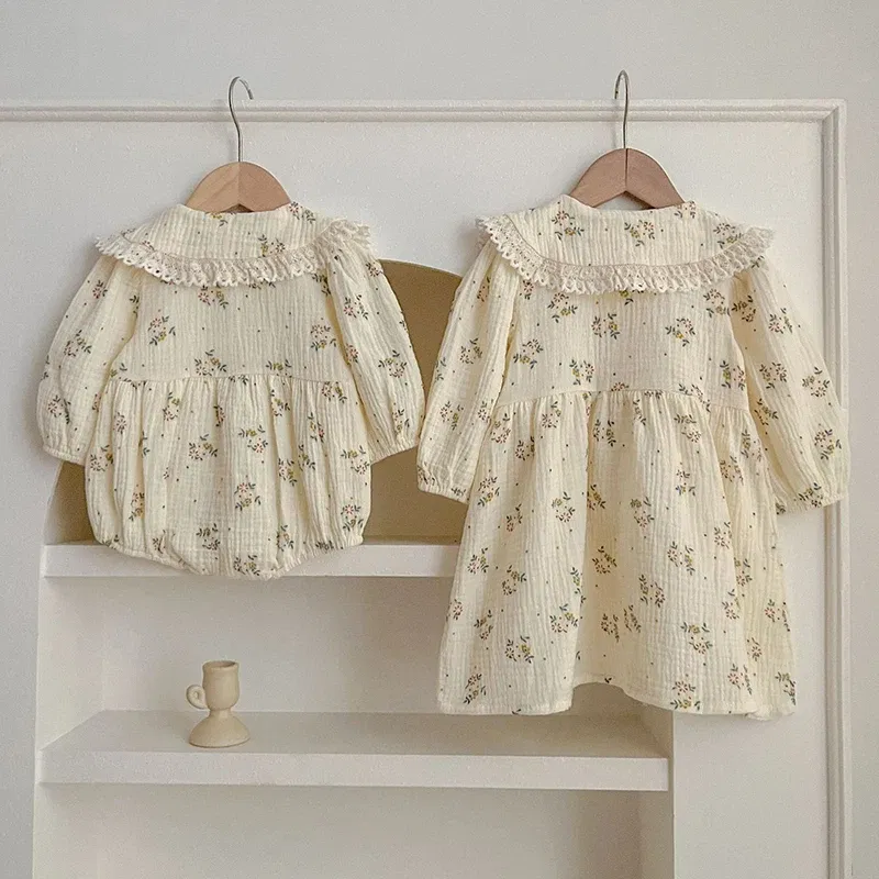 Color: Red, Size: Mother 5XL - Spring Baby Girls Long Sleeve Sweet Sisters Flower Print Dress Autumn Infant Rompers Kids Baby Girls Princess Clothes Rompers
