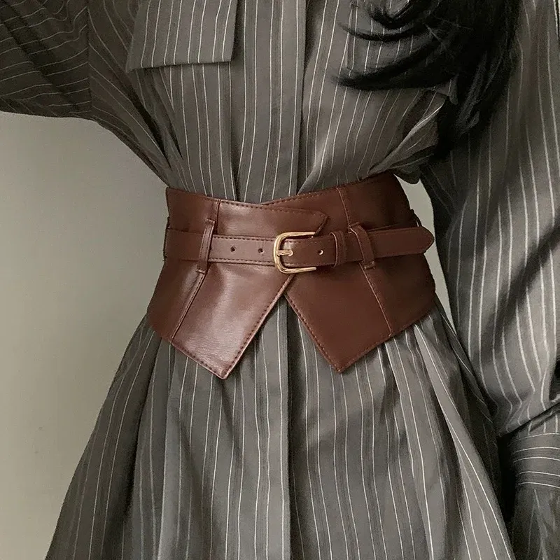 Color: Coffee - Belt women fashion with dress overcoat design elastic elastic elastic belt black niche with wide version of the belt