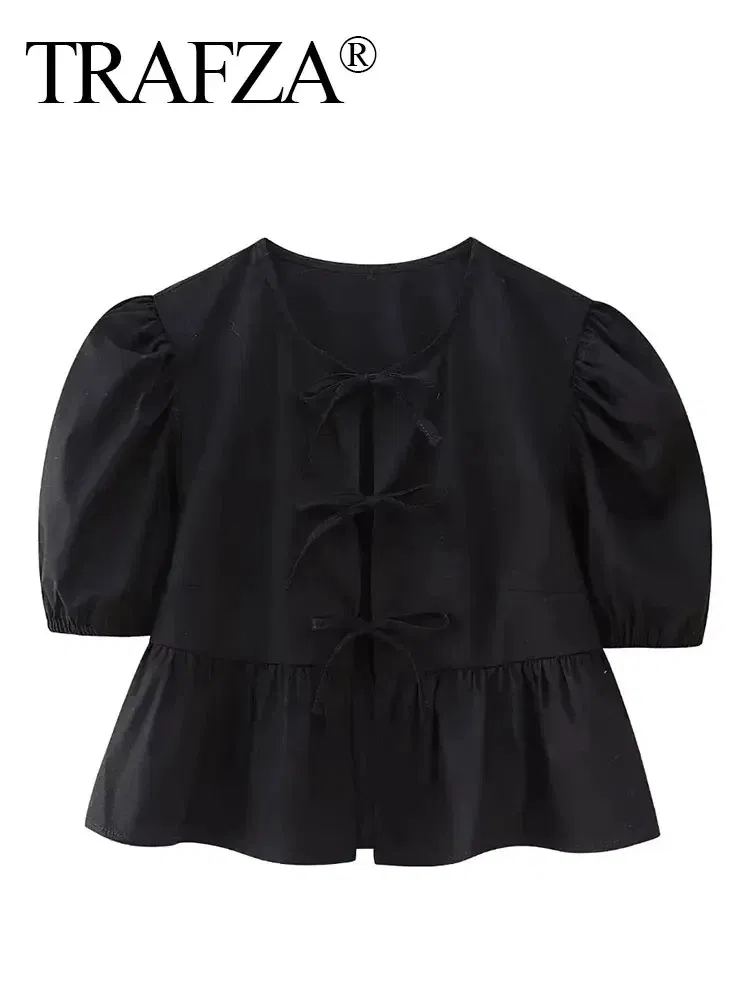 Color: black, Size: L - TRAFZA Fashion Solid Hollow Out Shirt Women Causal O Neck Short Sleeved Lace Up Tops Chic Female Casual Blouse Streetwear 2024