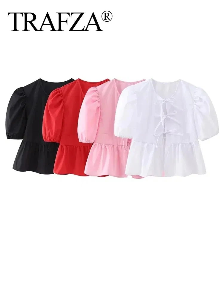 Color: black, Size: L - TRAFZA Fashion Solid Hollow Out Shirt Women Causal O Neck Short Sleeved Lace Up Tops Chic Female Casual Blouse Streetwear 2024