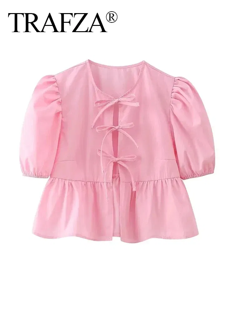 Color: black, Size: L - TRAFZA Fashion Solid Hollow Out Shirt Women Causal O Neck Short Sleeved Lace Up Tops Chic Female Casual Blouse Streetwear 2024