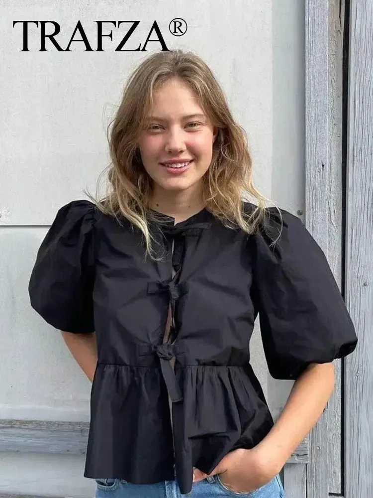 Color: black, Size: L - TRAFZA Fashion Solid Hollow Out Shirt Women Causal O Neck Short Sleeved Lace Up Tops Chic Female Casual Blouse Streetwear 2024