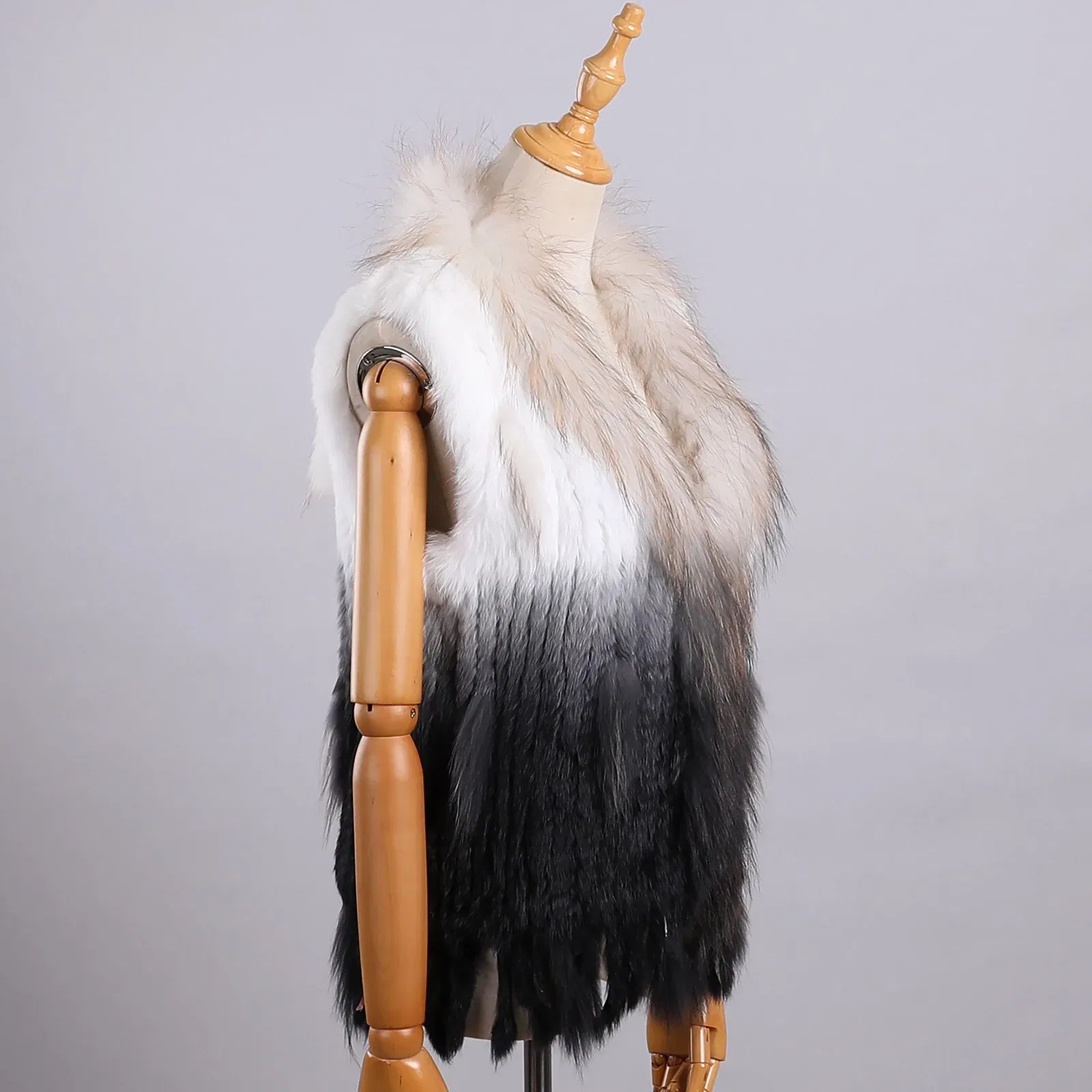 Color: Dark Grey, Size: S - Luxury Women's Genuine Premium Long Hair Rabbit Fur Knit Vest Raccoon Fur Trim Gilet Lady Sleeveless Waistcoat Real Fur Jacket