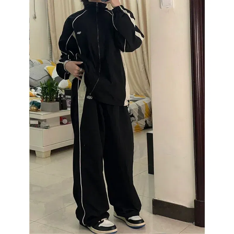 Color: Brown, Size: M - Women Spring Retro Solid Loose Drawstring Trousers Casual Joggers Baggy Wide Leg Sweatpants Mid Waist Sporty Y2k Female Clothes