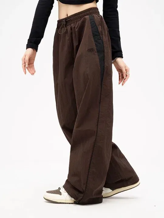 Color: Brown, Size: M - Women Spring Retro Solid Loose Drawstring Trousers Casual Joggers Baggy Wide Leg Sweatpants Mid Waist Sporty Y2k Female Clothes
