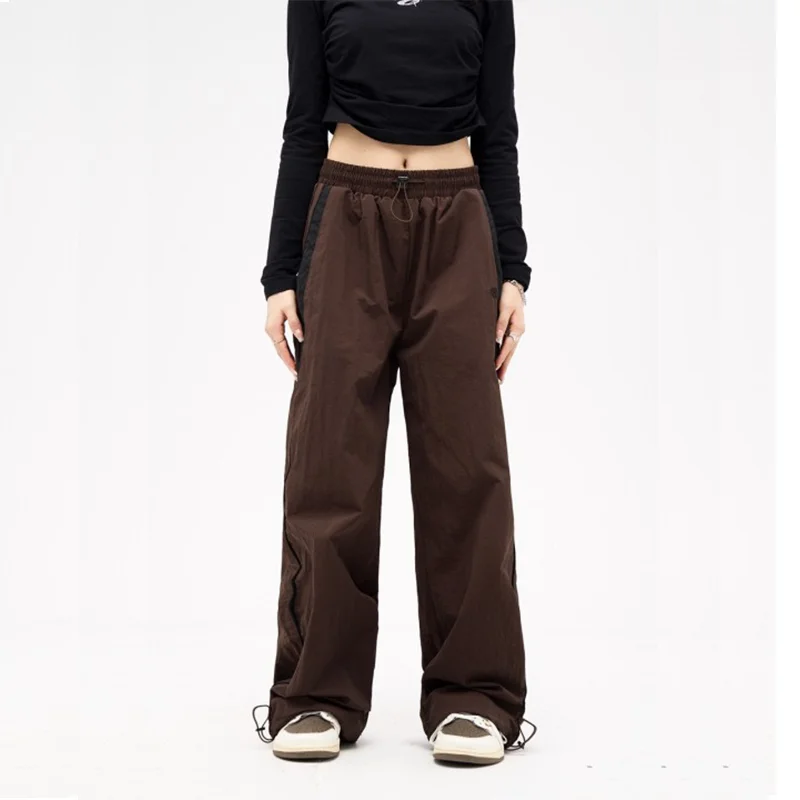 Color: Brown, Size: M - Women Spring Retro Solid Loose Drawstring Trousers Casual Joggers Baggy Wide Leg Sweatpants Mid Waist Sporty Y2k Female Clothes