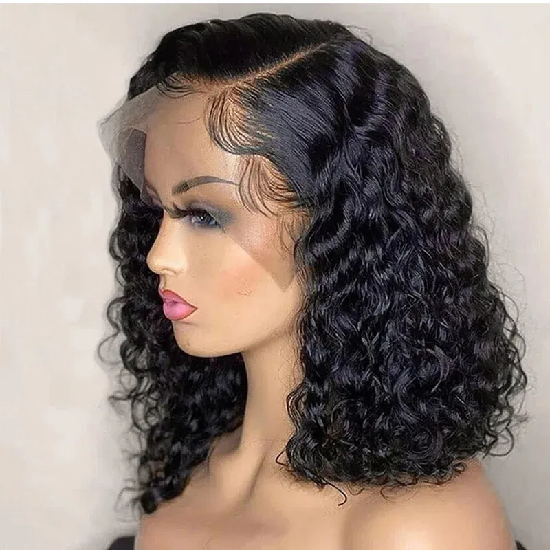 Density: 180%, Stretched Length: 12INCHES, Lace Wig Type: PART - Deep Wave 180% Density Pre-Plucked Side Part Short Bob 13*4 Lace Frontal Brazilian Virgin Human Hair Wigs For Black Woman