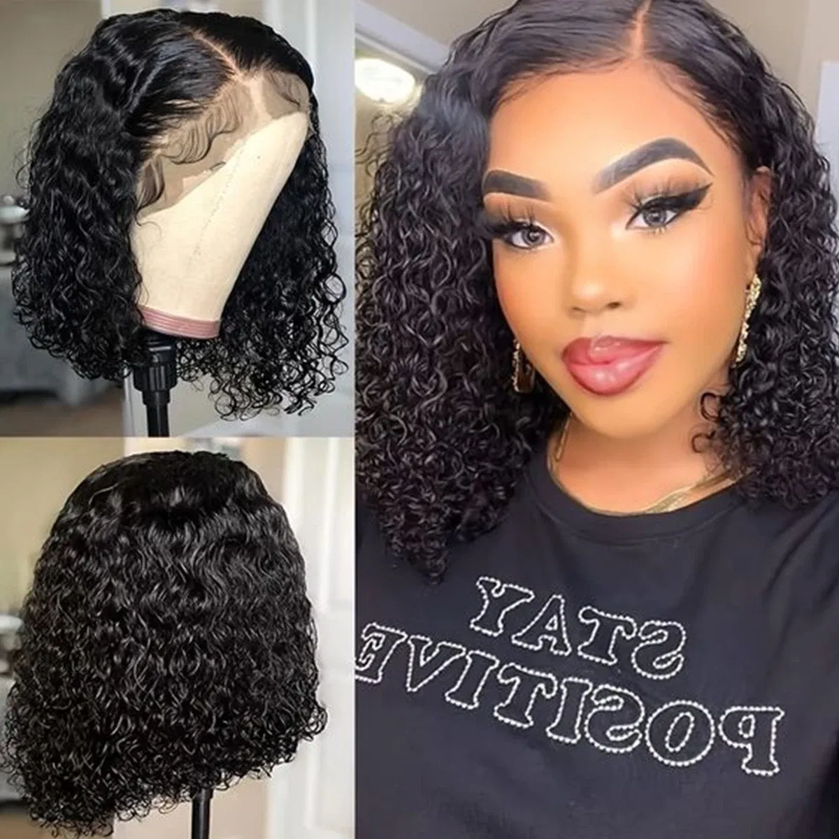 Density: 180%, Stretched Length: 12INCHES, Lace Wig Type: PART - Deep Wave 180% Density Pre-Plucked Side Part Short Bob 13*4 Lace Frontal Brazilian Virgin Human Hair Wigs For Black Woman