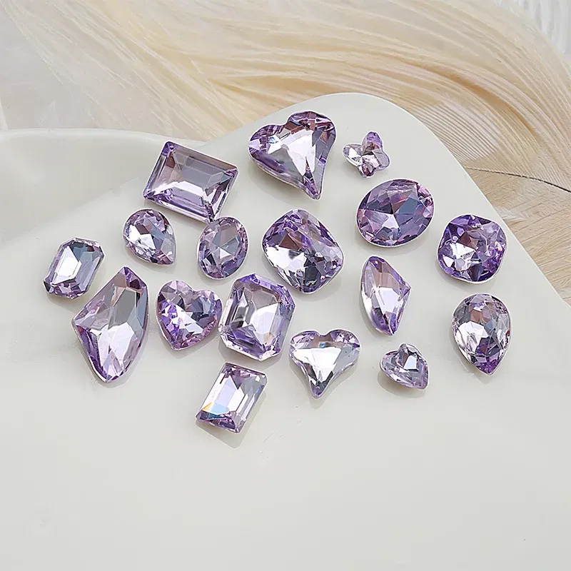 Color: PURPLE - 20pcs Nail Art Light Purple Sparkling Crystal Glass Diamond Violet Pointed Bottom Bare Rhinestone Gem Nail Accessories Charms