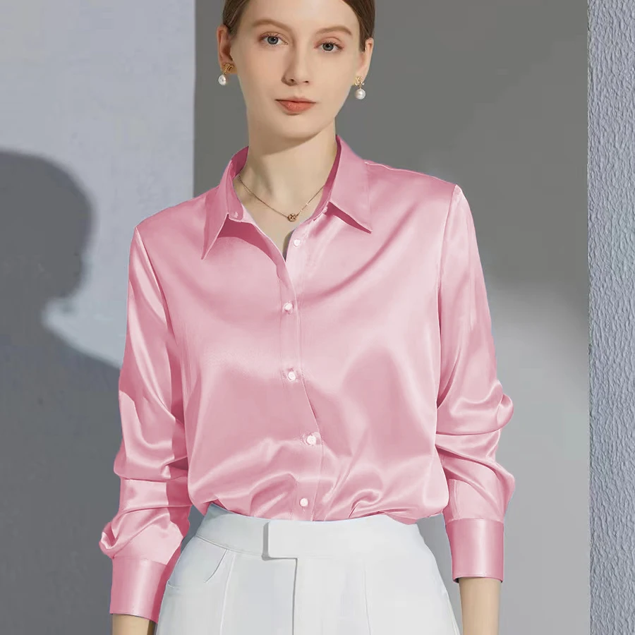 Color: Khaki, Size: S - All-match Satin Finish Shirts And Blouses Women Clothing Casual Top OL Long Sleeve Button Elegant Shirts French Solid Blouses