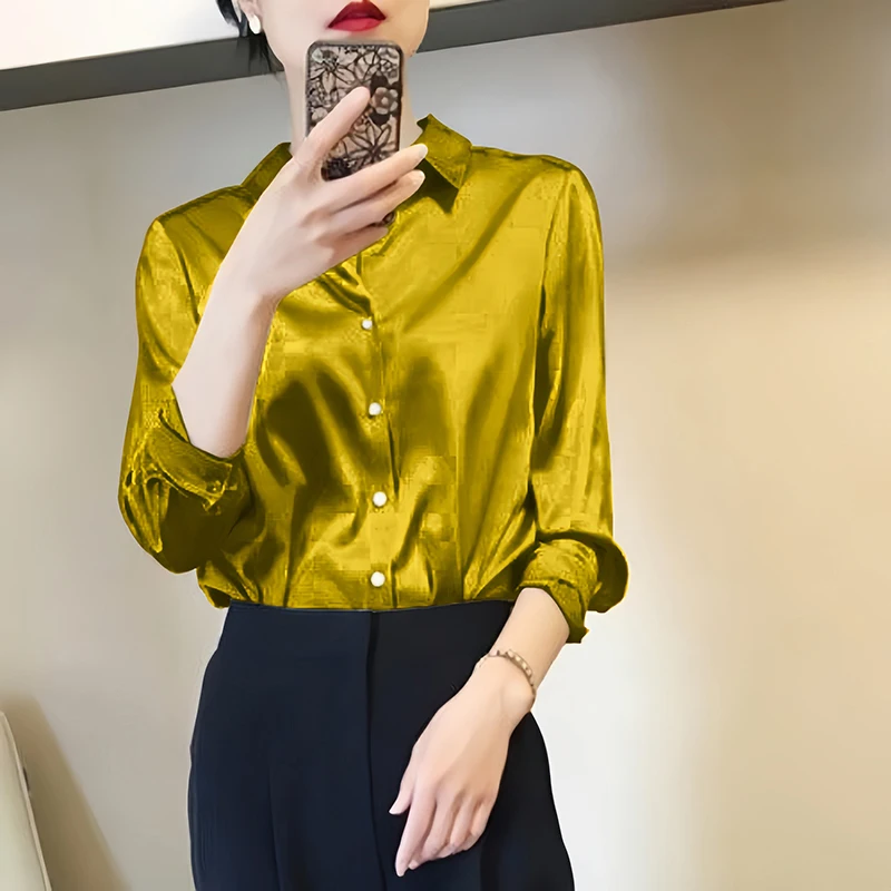 Color: Khaki, Size: S - All-match Satin Finish Shirts And Blouses Women Clothing Casual Top OL Long Sleeve Button Elegant Shirts French Solid Blouses