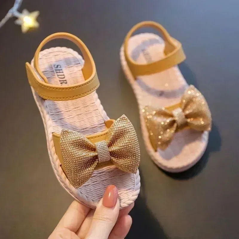 Color: Beige, Shoe Size: 2.5 - Girls Sandals 2024 Summer Princess Children Sandals Bow Tie Girl Shoes Fashion Casual Non Slip Kids Beach Shoes