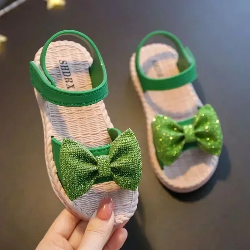 Color: Beige, Shoe Size: 2.5 - Girls Sandals 2024 Summer Princess Children Sandals Bow Tie Girl Shoes Fashion Casual Non Slip Kids Beach Shoes