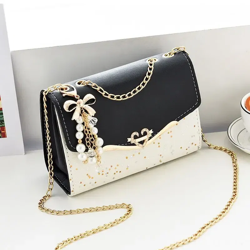Color: black - Trendy Fashion Ladies Crossbody Small Square Bag Girls Shoulder Bag Cross Square Tassel Pendant Sequin Embellished PU Polyester