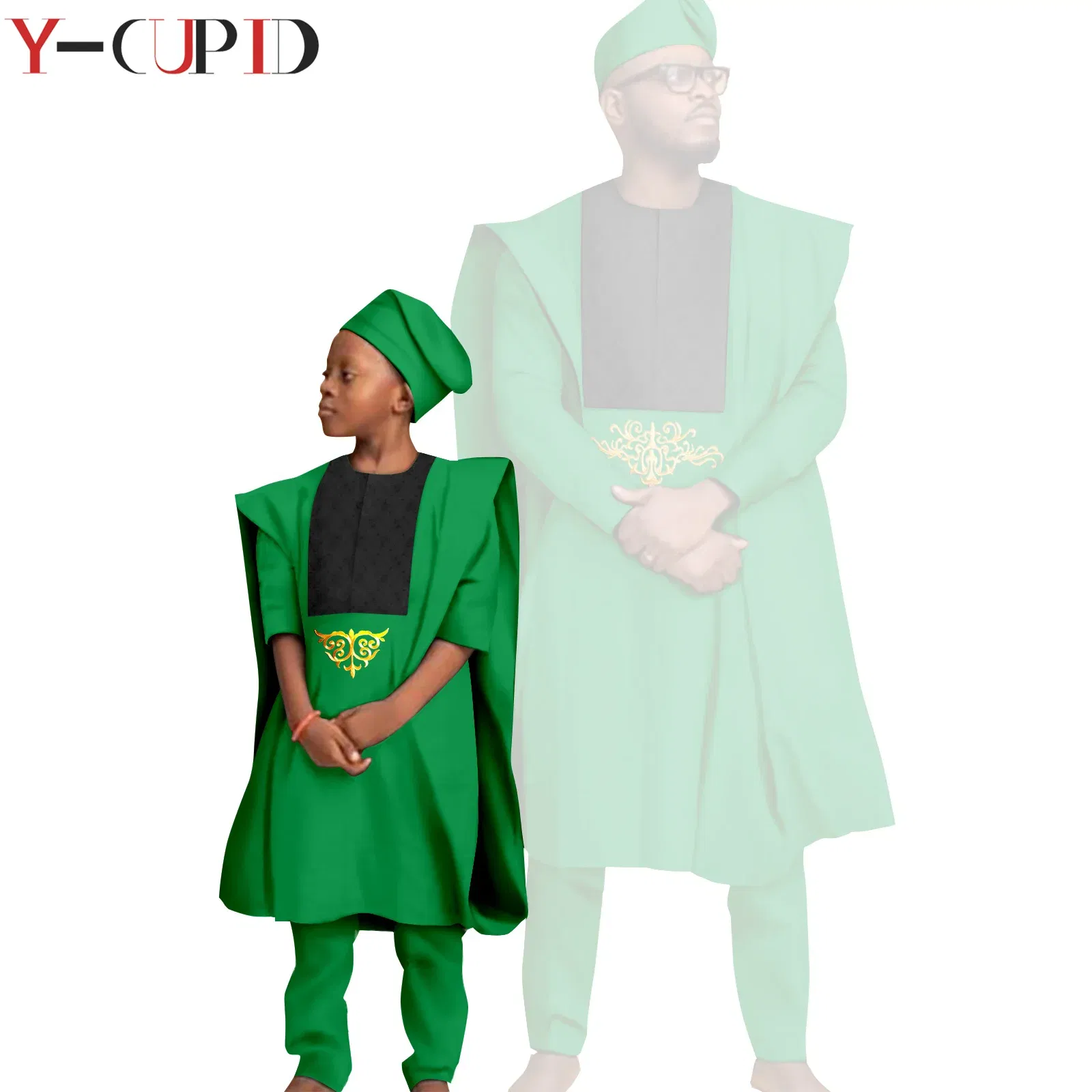 Color: Lavender, Size: M - African Clothes for Men Top Pants Robes Hat Sets Match Kid Boy Sets Dashiki Father and Son Bazin Riche Family Outfits Y20F001