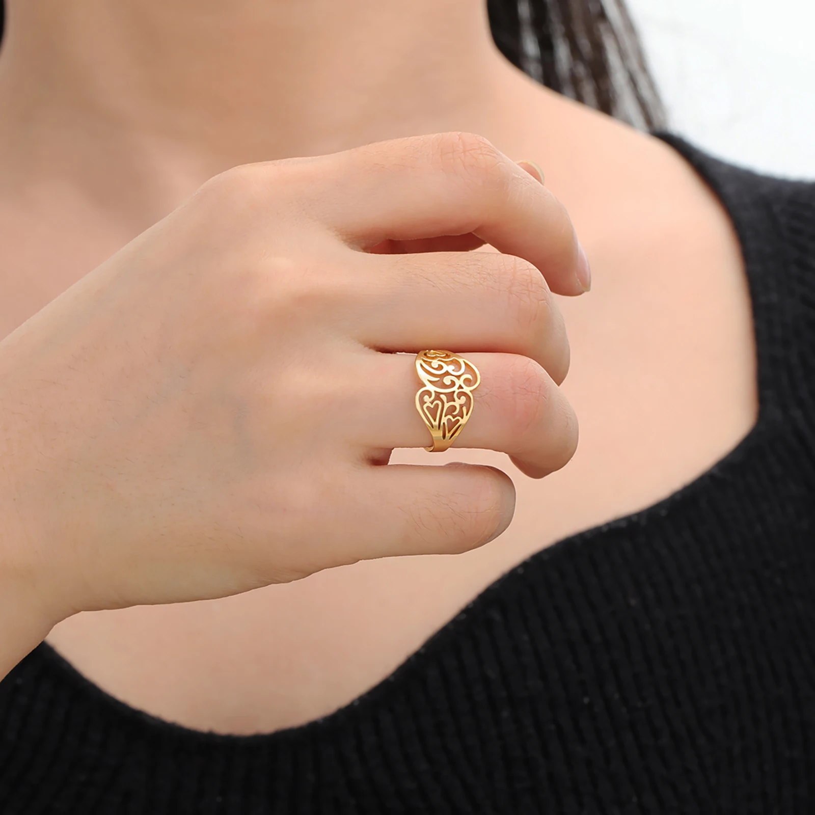 Main Stone Color: Gold, Ring Size: 9 - Skyrim Filigree Ring Stainless Steel Gold Color Elegant Finger Rings Women Bohemian Jewelry Wedding Band Gift Wholesale