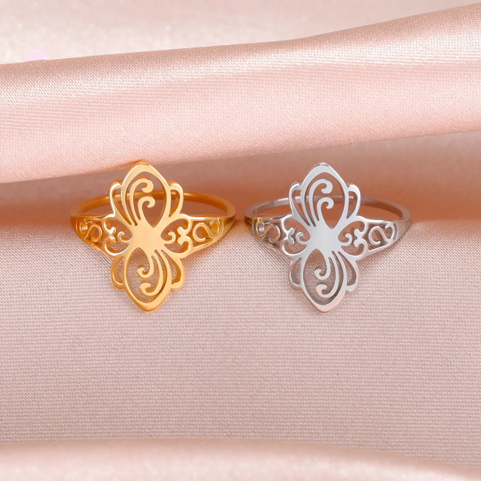 Main Stone Color: Gold, Ring Size: 9 - Skyrim Filigree Ring Stainless Steel Gold Color Elegant Finger Rings Women Bohemian Jewelry Wedding Band Gift Wholesale