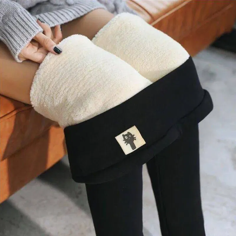 Color: Beige, Size: XXXL - Winter Women Leggings Solid Warm Leggings Thicken Lambwool Hight Waist Fleece Keep Butt Lift High Stretchy Walking Pants Pocket