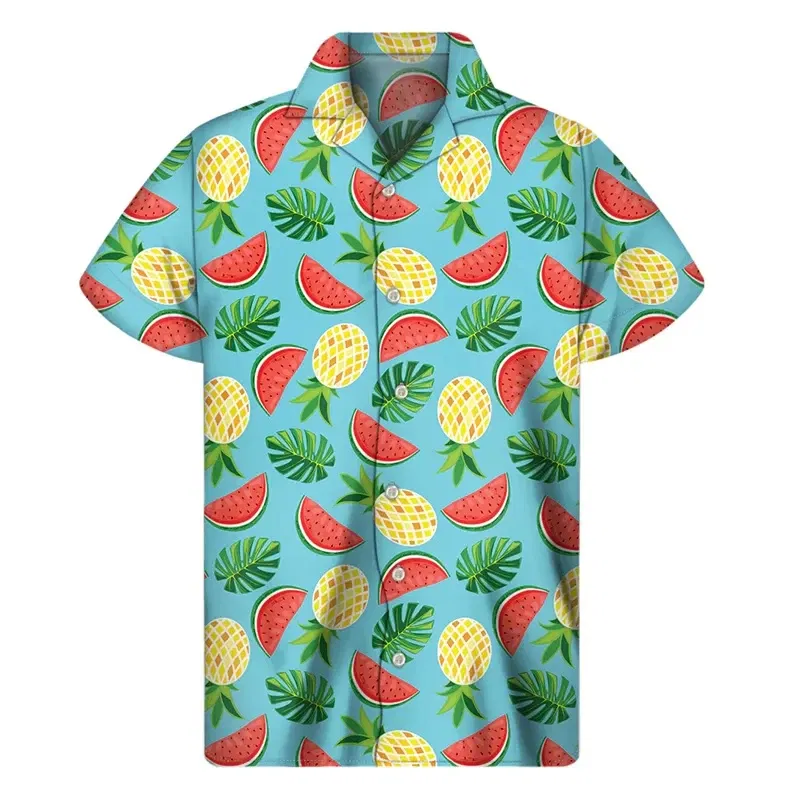Color: Gold, Size: L - Tropical Watermelon Graphic Hawaiian Shirt Summer Street Short Sleeves 3d Printed Fruits Button Shirts Men Clothes Lapel Blouse