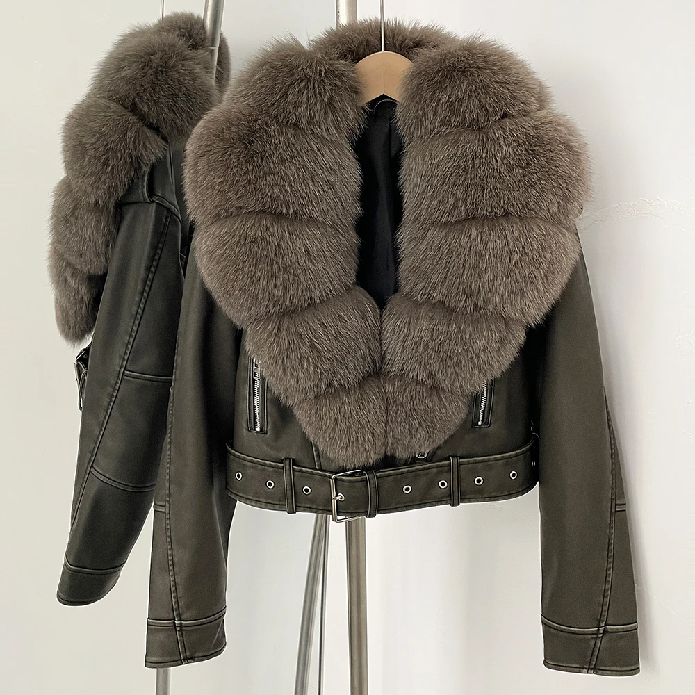Color: Mint, Size: S - Fake Leather Coat New Natural Fox Fur Autumn Short Faux Leather Jacket Female Spring PU Women Long Sleeve Real Fur Coat Thin