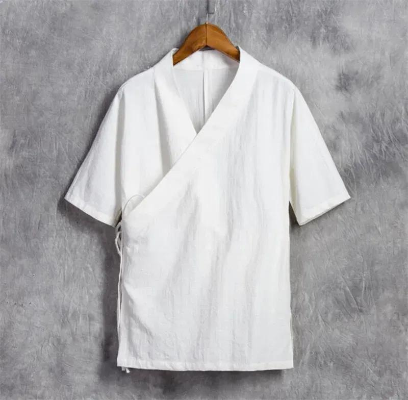 Color: WHITE, Size: M - Men Cotton Linen Short sleeve Kung Fu Shirt Classic Chinese Style Tang Clothing Size M-6XL