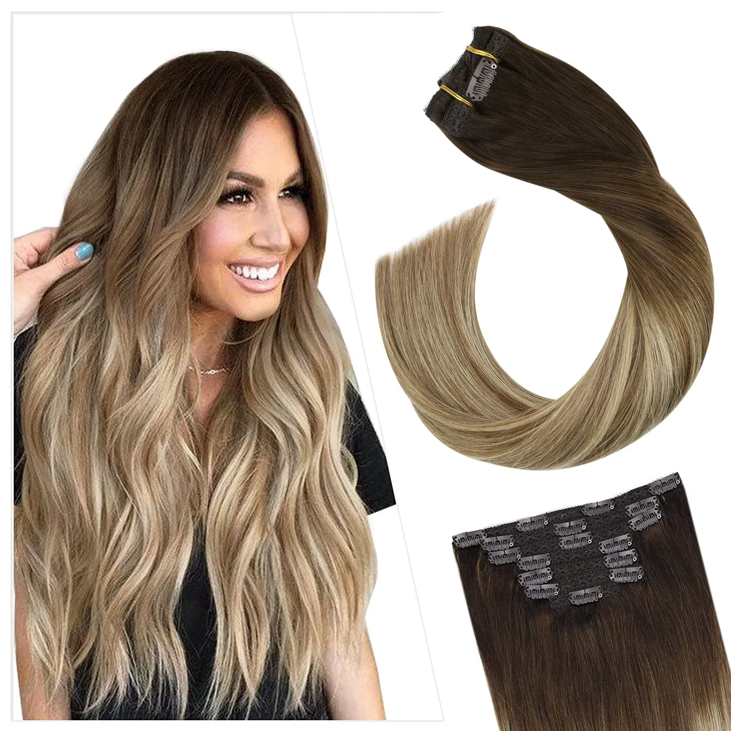 Color: T4/27, Length: 24 Inches, Weight Per Package: 120g/Set - [16 Colors] Ugeat Clip in Hair Extensions Human Hair 14-22" Double Weft Remy Hair Full Head Clip in Extensions for Woman 7Pcs