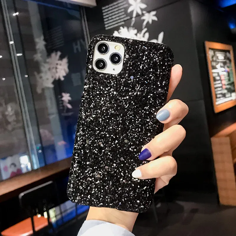 Color: black, Material: Genuine leather - Hard Shiny Diamond Girly Phone Case for iPhone 11 12 13 14 15 Pro Max 14 15Plus