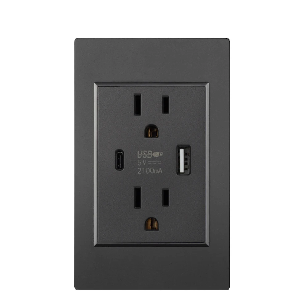 Type: Wall Socket - US Standard Wall Socket with USB Type-C Charging Port 5V 2.1A, 118*72mm PC Panel