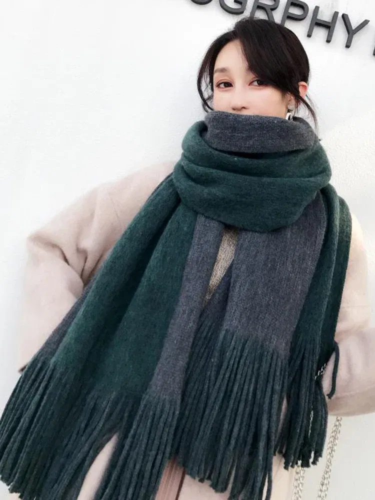 Color: Black Green, Size: One Size - New Knitted Solid Double-Sided Scarf Headscarf Winter Women Lady Men Preppy Style Soft Warm Scarve Mujer Femme Male Wrap Shawl