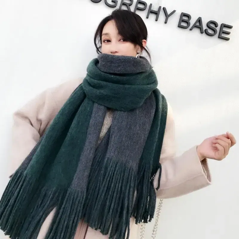 Color: Black Green, Size: One Size - New Knitted Solid Double-Sided Scarf Headscarf Winter Women Lady Men Preppy Style Soft Warm Scarve Mujer Femme Male Wrap Shawl