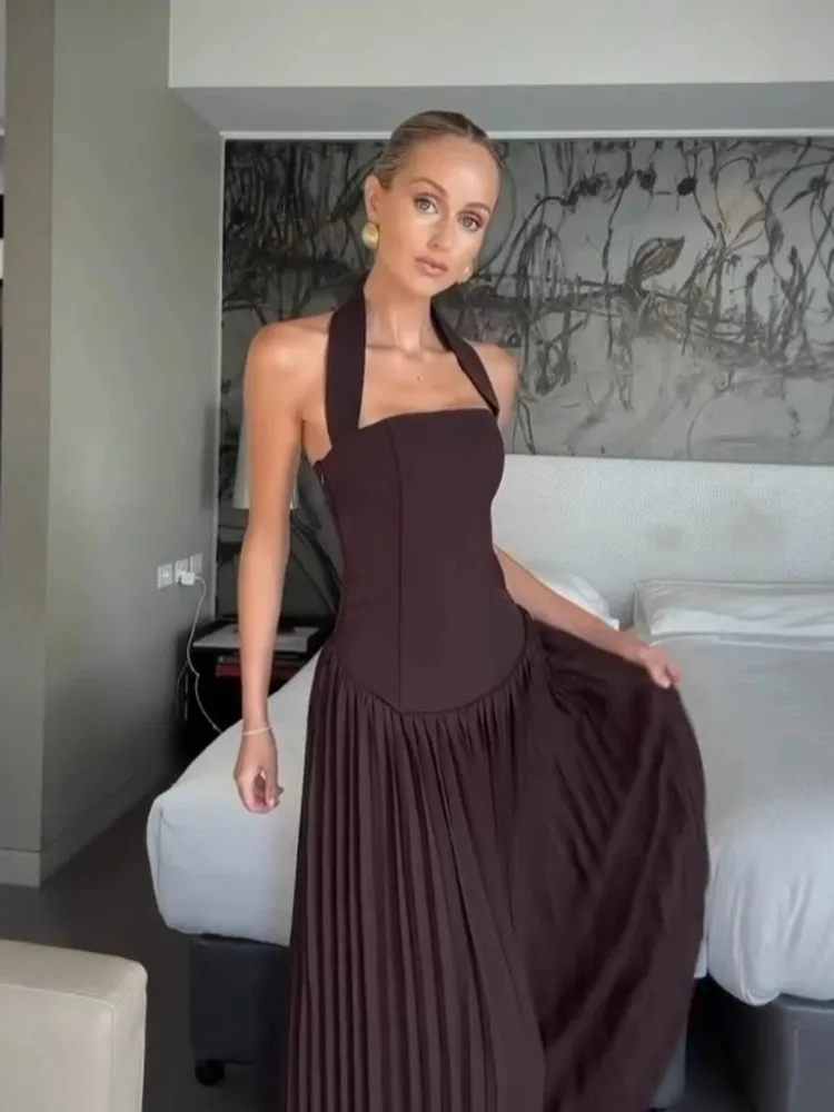 Color: WHITE, Size: L, Ships From: CHINA - 2025 Summer Women Off Shoulder Backless Maxi Dress Sexy Halter Neck Slim Waist Ruffle Hem Long Dress
