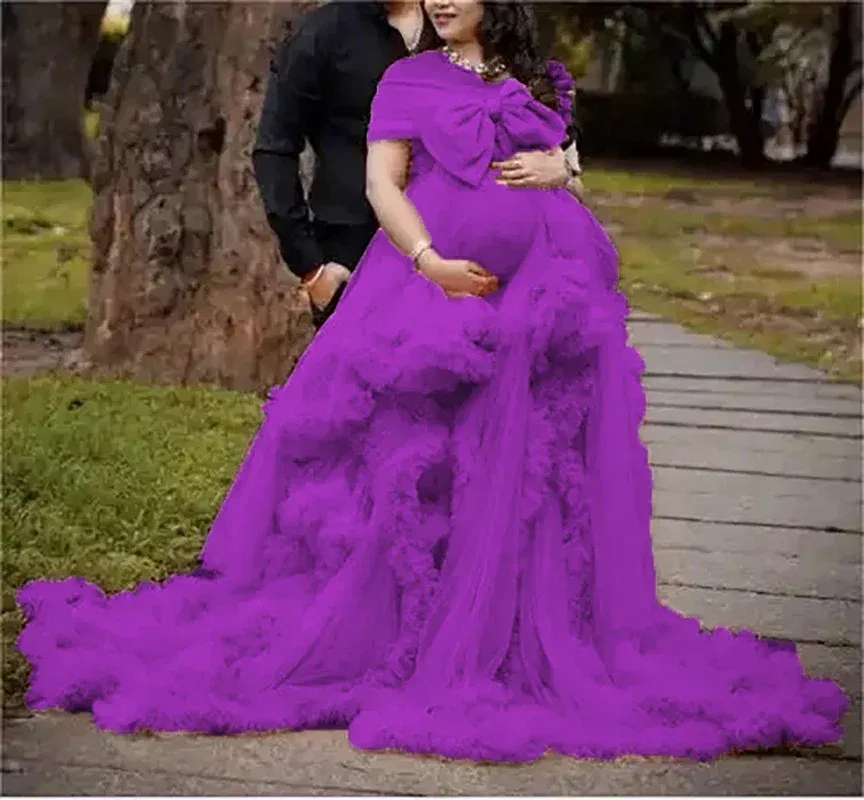 Color: PURPLE, Maternity Size: 12, Ships From: CHINA - BIG BOW Tulle Ruffle maternity dresses photoshoot baby shower п?»?°?‚ь?µ д?»я ?±?µр?µм?µнн?‹?… فس?§تي?† ?&shy