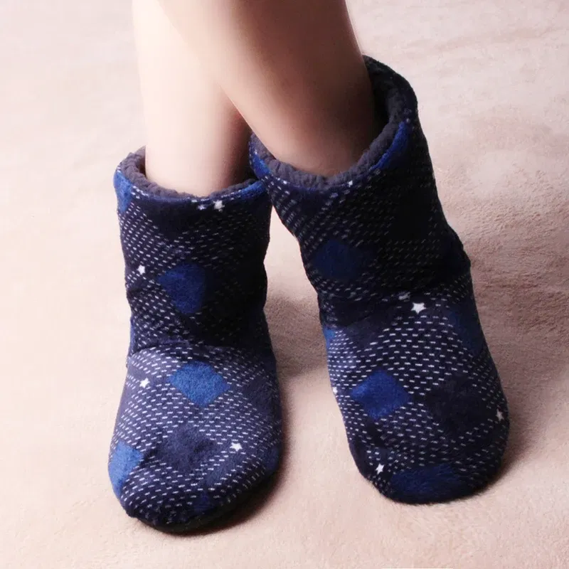Color: Blue, Shoe Size: 44 - Mntrern Casual Men Shoes Home Slippers Lattice Soft Plush Male House Slippers Warm Winter New Cotton Slippers Shoes Men Big Size