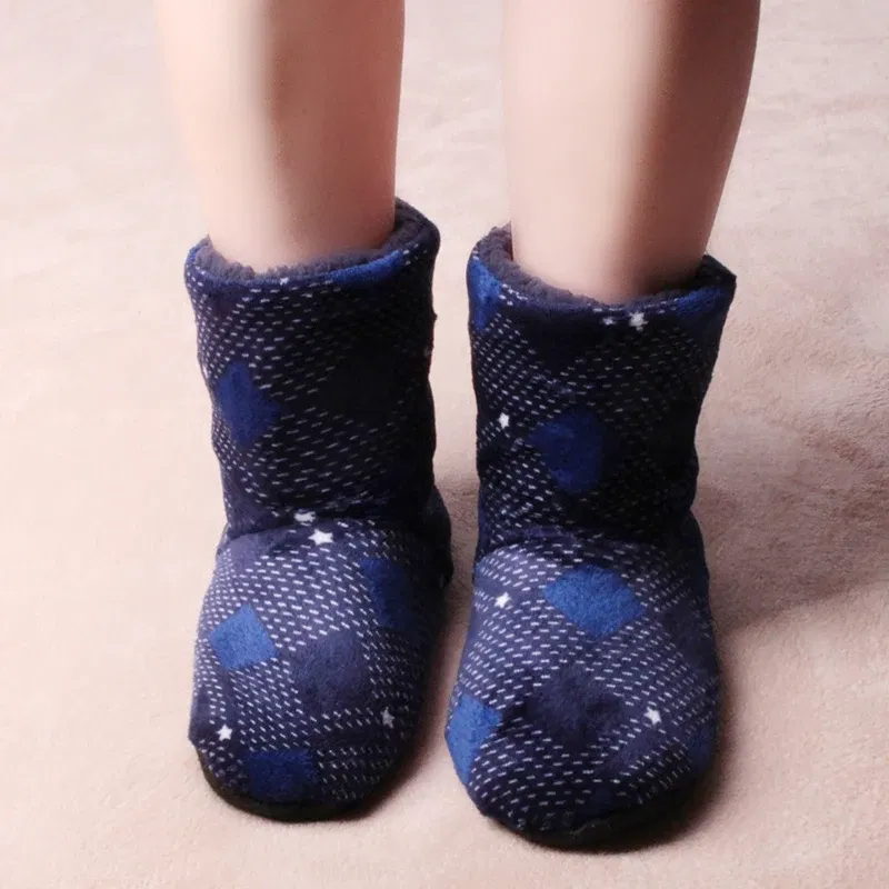 Color: Blue, Shoe Size: 44 - Mntrern Casual Men Shoes Home Slippers Lattice Soft Plush Male House Slippers Warm Winter New Cotton Slippers Shoes Men Big Size