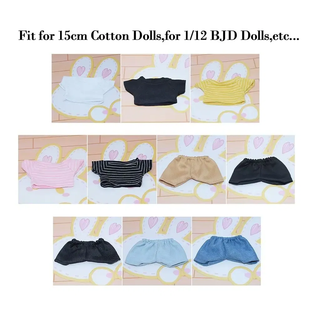 Color: light green - 15CM Doll Clothes Pants Fashion Tops Striped T-shirt Casual Wears Jeans Shorts For 1/12 Dolls Accessories Plush Animal Kids Toys